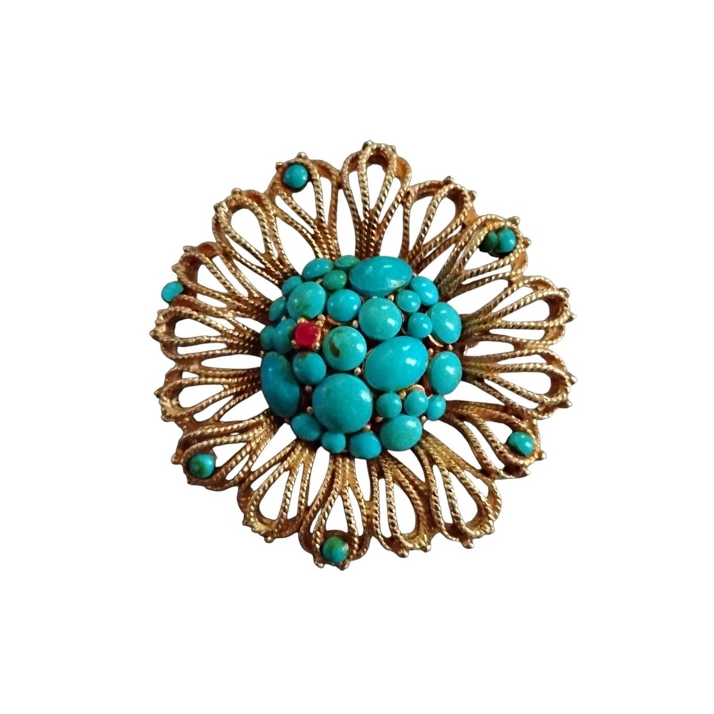 Vintage Capri Gold Tone Turquoise Cabochon Floral Brooch Pin Mid Century